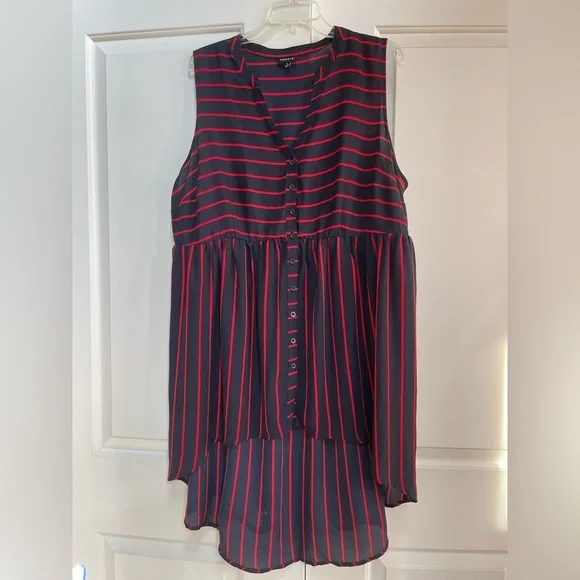 Torrid Lexie Georgette Sleeveless Hi Lo Navy Red Stripe Sheer Button Tunic Top - Picture 4 of 13